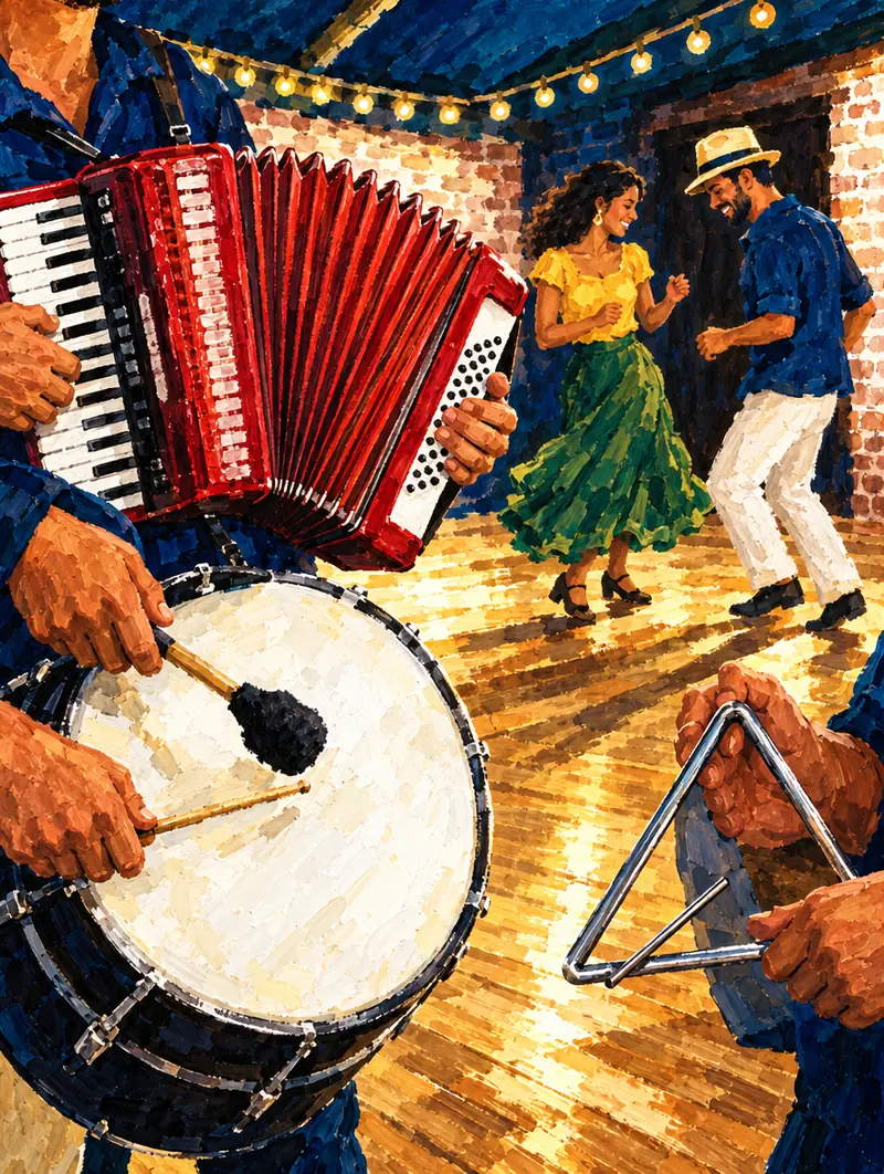 Sanfona, zabumba e triângulo, com um casal dançando forró ao fundo.