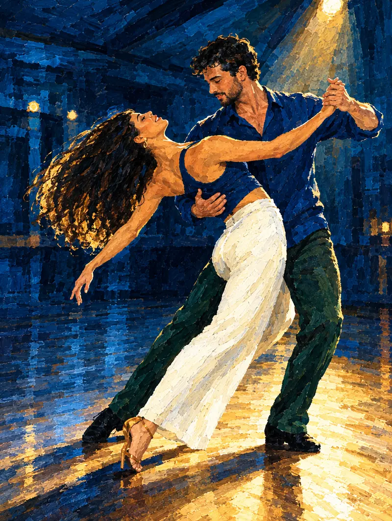 Um casal de zouk, ela em cambré e o cabelo em arco.